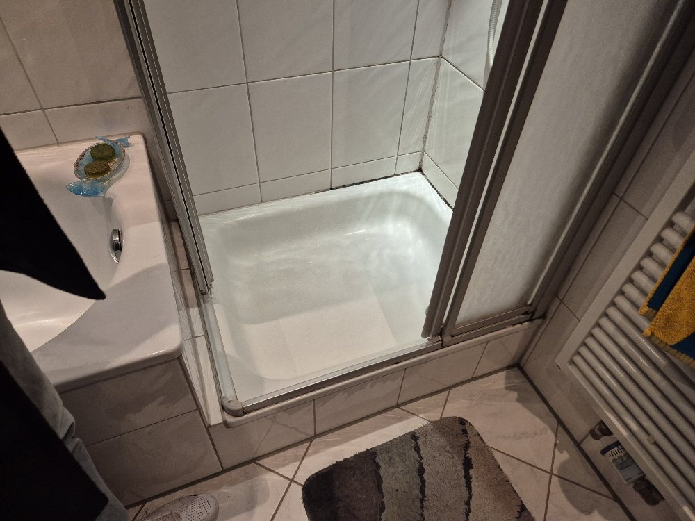 Duschbereich im Bad mit Wanne und Glasduschkabine vor der Erneuerung